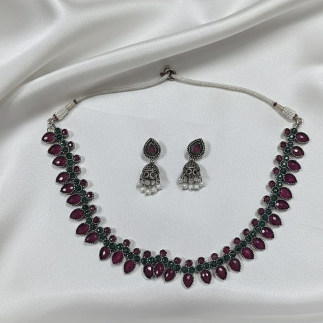 Magenta with Green Antique Necklace And Earings