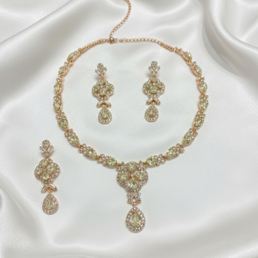 White Stone Necklace With Earings And Nethichutti