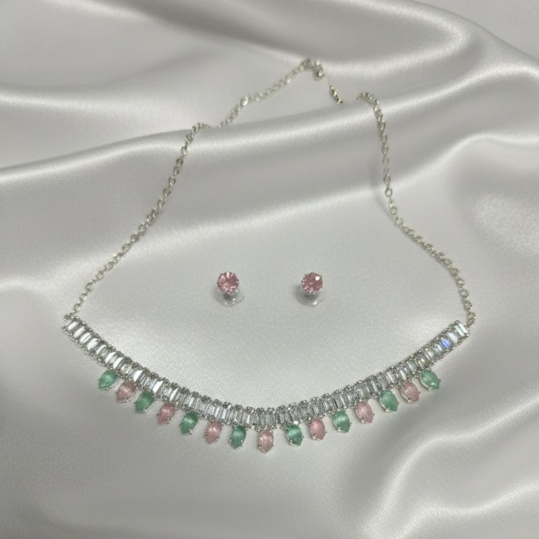Green and Pink Stone Necklace With Earings