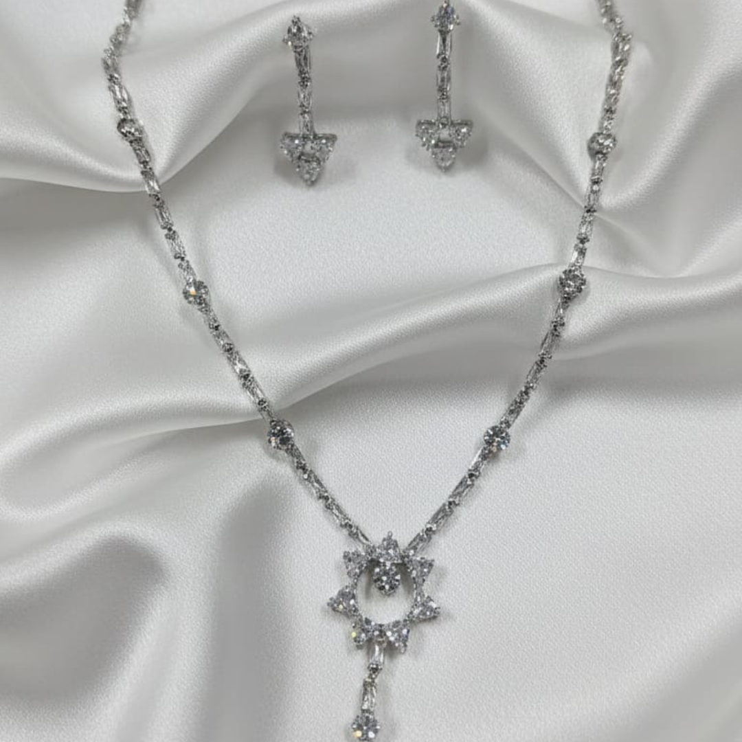 White Stone Floral Necklace With Earings