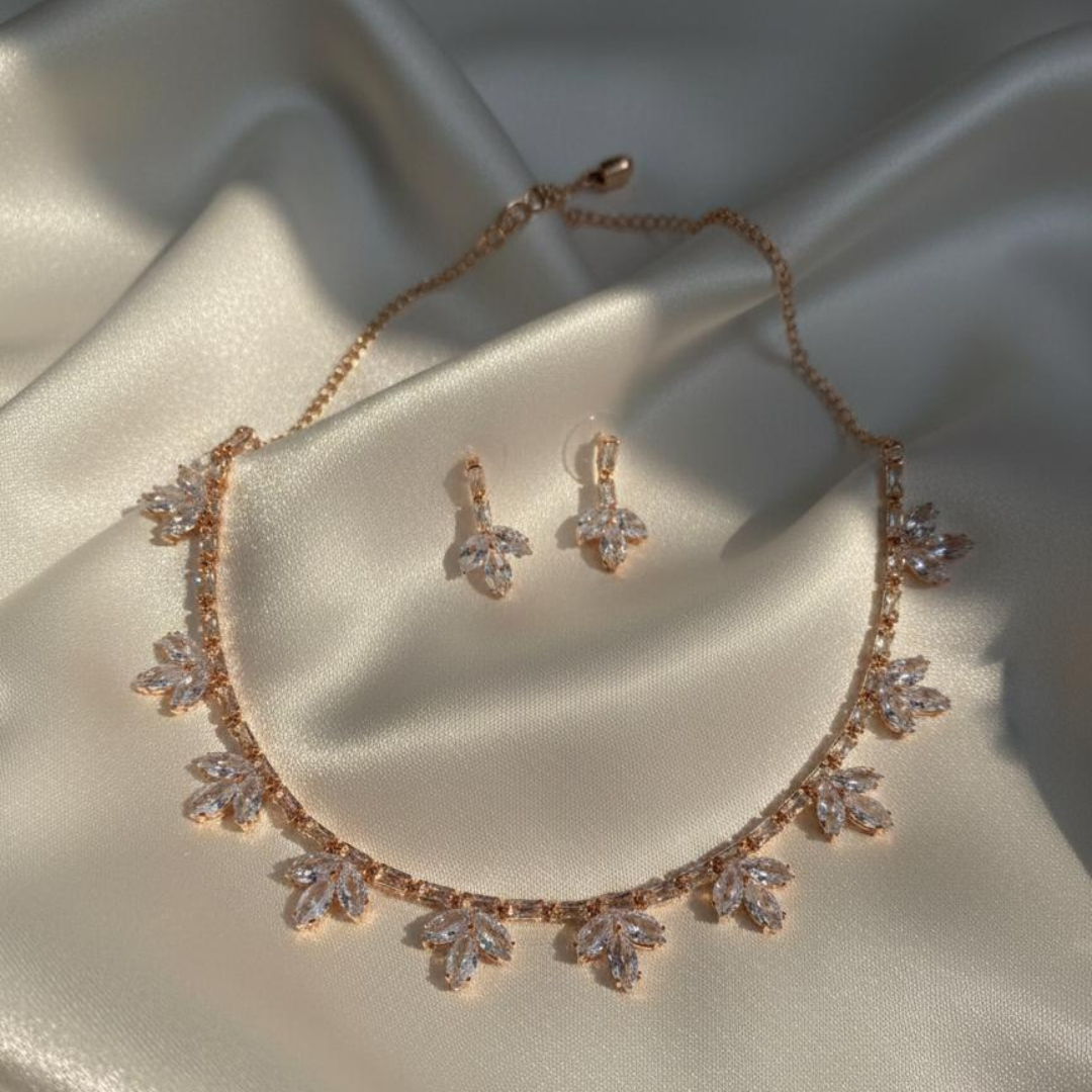 Rose Gold Leaf Design Necklace With Earings