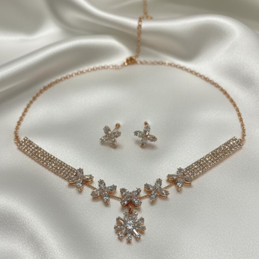Rose Gold Floral Necklace With Earings