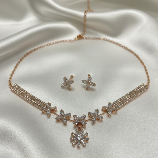 Rose Gold Floral Necklace With Earings