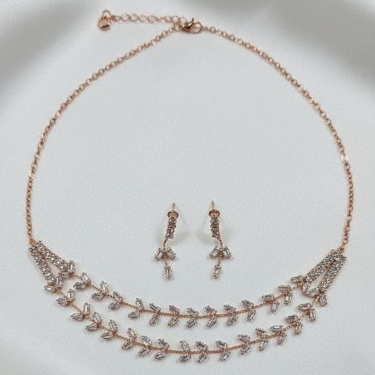 Rose Gold Two Line Necklace With Earings