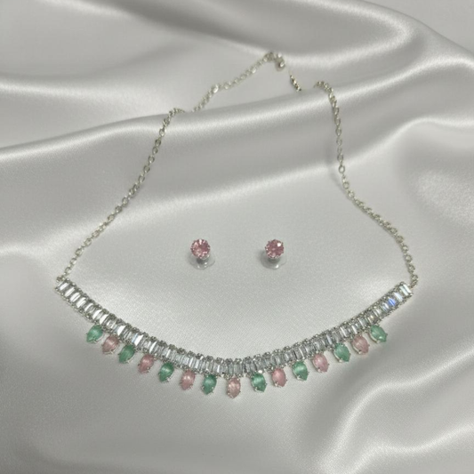Green and Pink Stone Necklace With Earings
