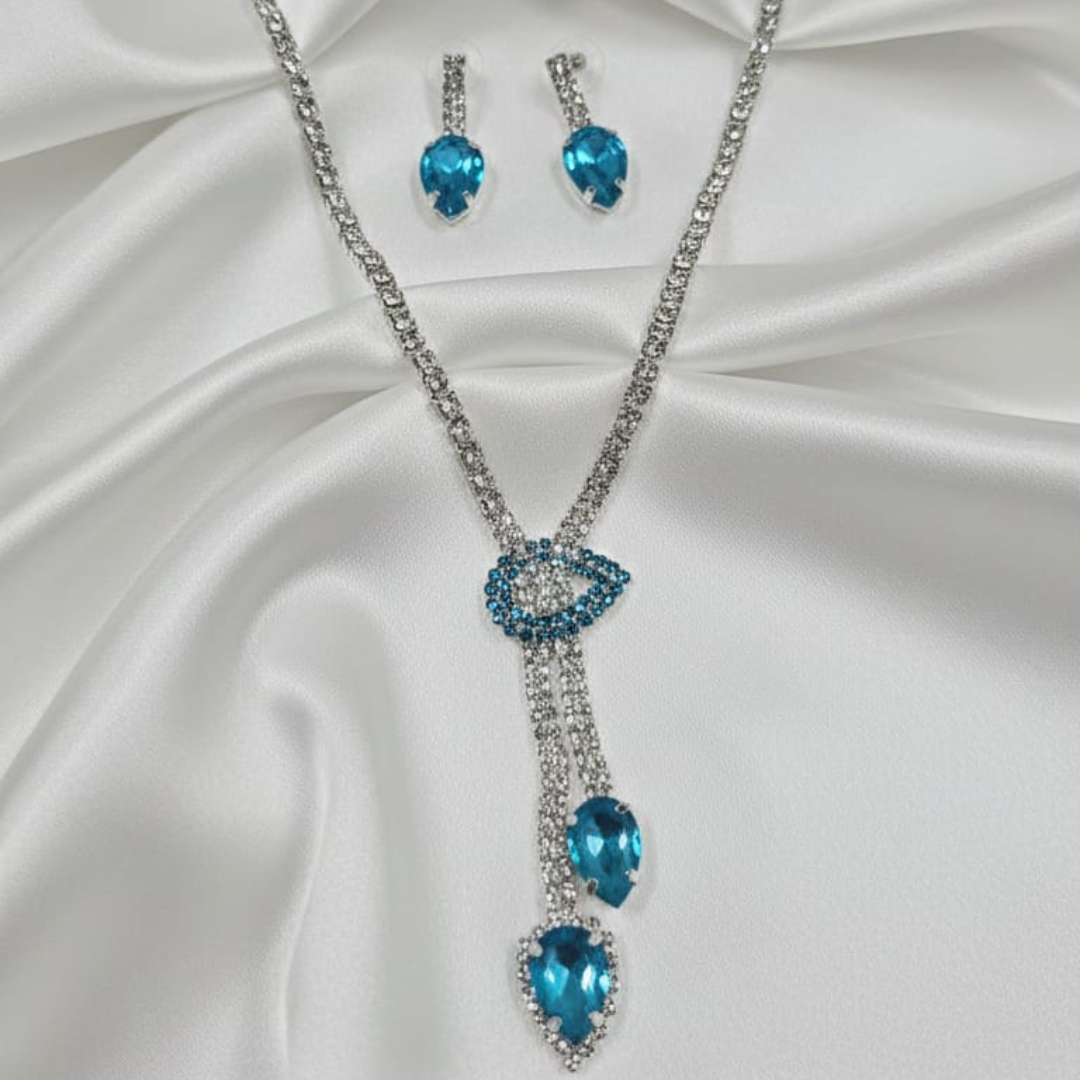 Blue with White Stone Necklace With Earings