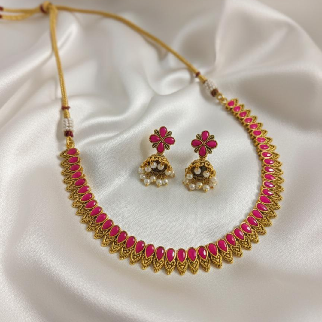 Pink Traditional Necklace With Earings